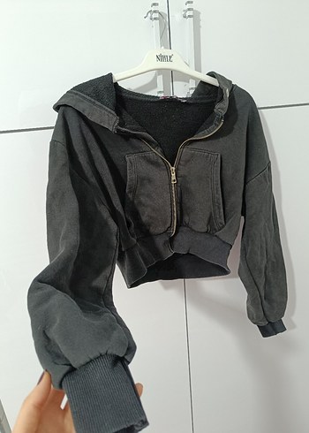 Gri Kapüşonlu Fermuarlı Mini Sweatshirt