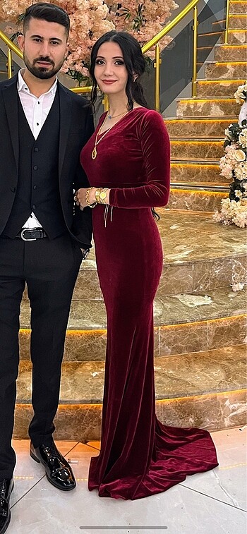 s Beden Kadife Bordo Yırtmaçlı Elbise