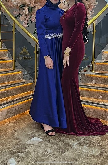 s Beden bordo Renk Kadife Bordo Yırtmaçlı Elbise