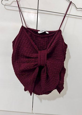 Bordo Fiyonklu Keten Mini Askılı Bluz