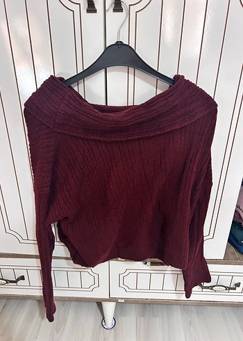 Bordo Örgü Kadın Triko Yaka Detaylı modonna yaka kazak