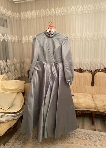 Gri Yüksek Yakalı Drapeli Uzun Kadın Elbise - Görsel 6