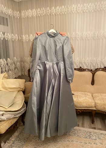Gri Yüksek Yakalı Drapeli Uzun Kadın Elbise - Görsel 7