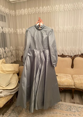 Gri Yüksek Yakalı Drapeli Uzun Kadın Elbise - Görsel 5