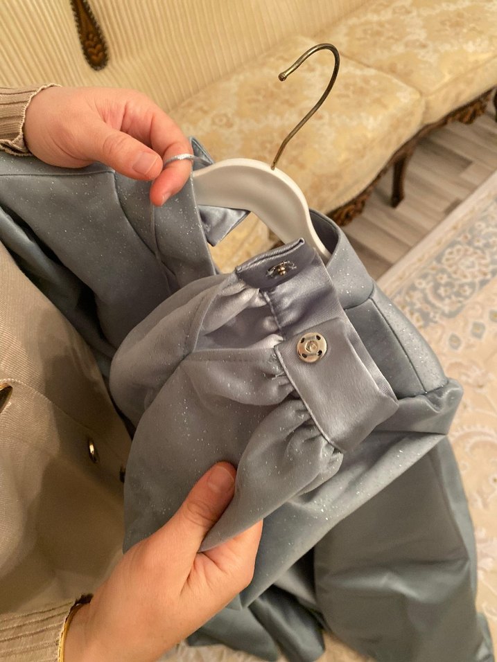 Gri Yüksek Yakalı Drapeli Uzun Kadın Elbise - Görsel 2