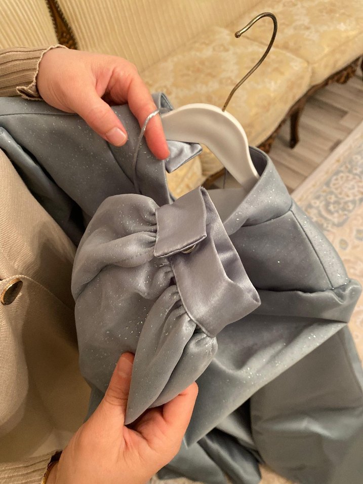 Gri Yüksek Yakalı Drapeli Uzun Kadın Elbise - Görsel 3