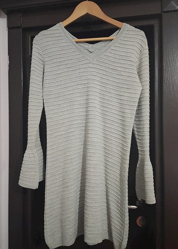 V Yaka Gri Triko Midi Tunik Elbise - Görsel 2