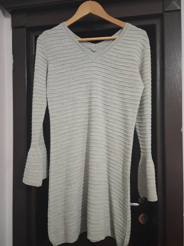 V Yaka Gri Triko Midi Tunik Elbise - Görsel 2