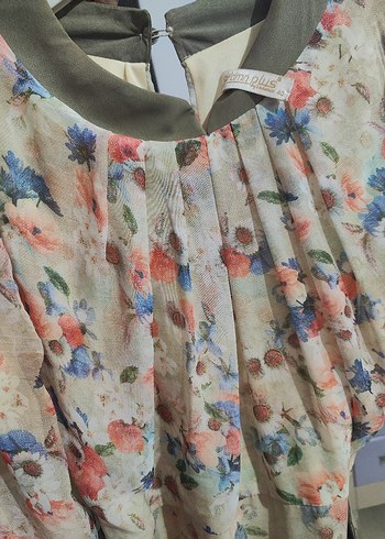 Bej Çiçek Desenli Uzun Şifon Elbise - Görsel 8