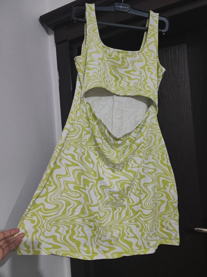 DeFacto Cool Dekolteli Mini Elbise - Yeşil Girdap Desenli - Görsel 5