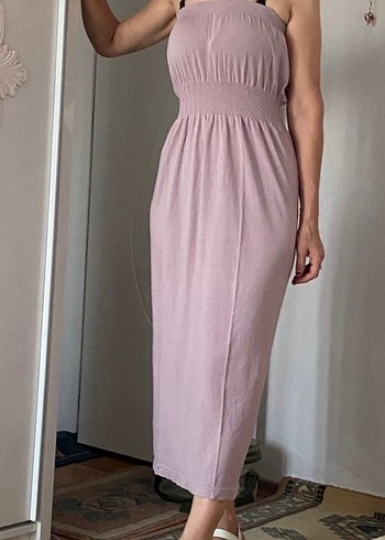 Pembe Askılı Uzun Keten Elbise