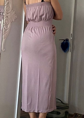 m Beden pembe Renk Pembe Askılı Uzun Keten Elbise