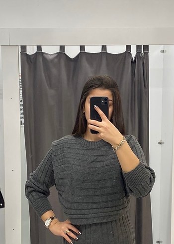 l Beden Gri Balıkçı Yaka Fitilli Triko Takım