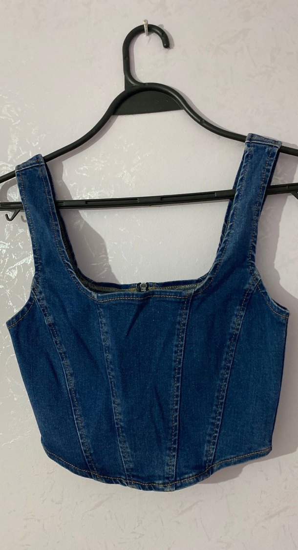 Koyu Mavi Denim Büstiyer Mini - Görsel 2