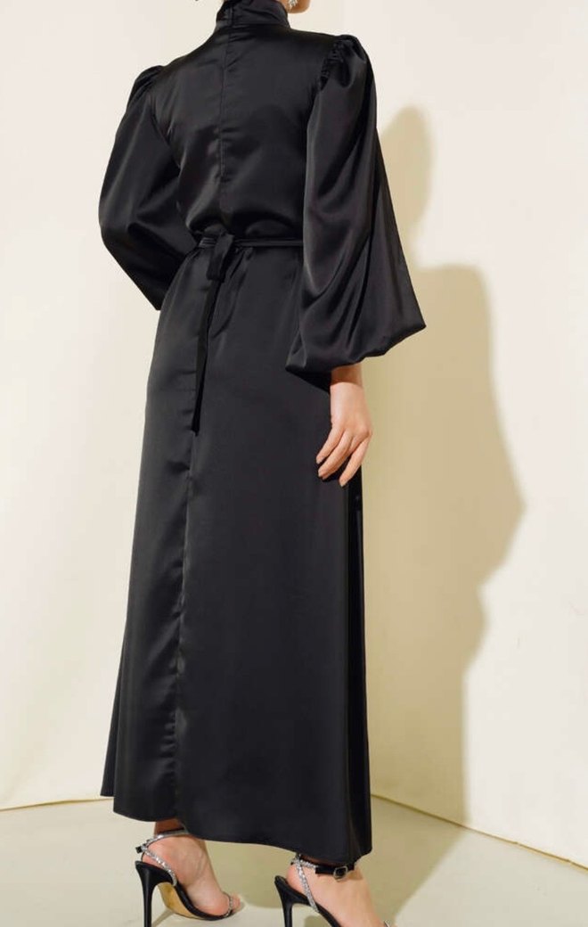 Drapeli Siyah Uzun Abiye Elbise - Görsel 3