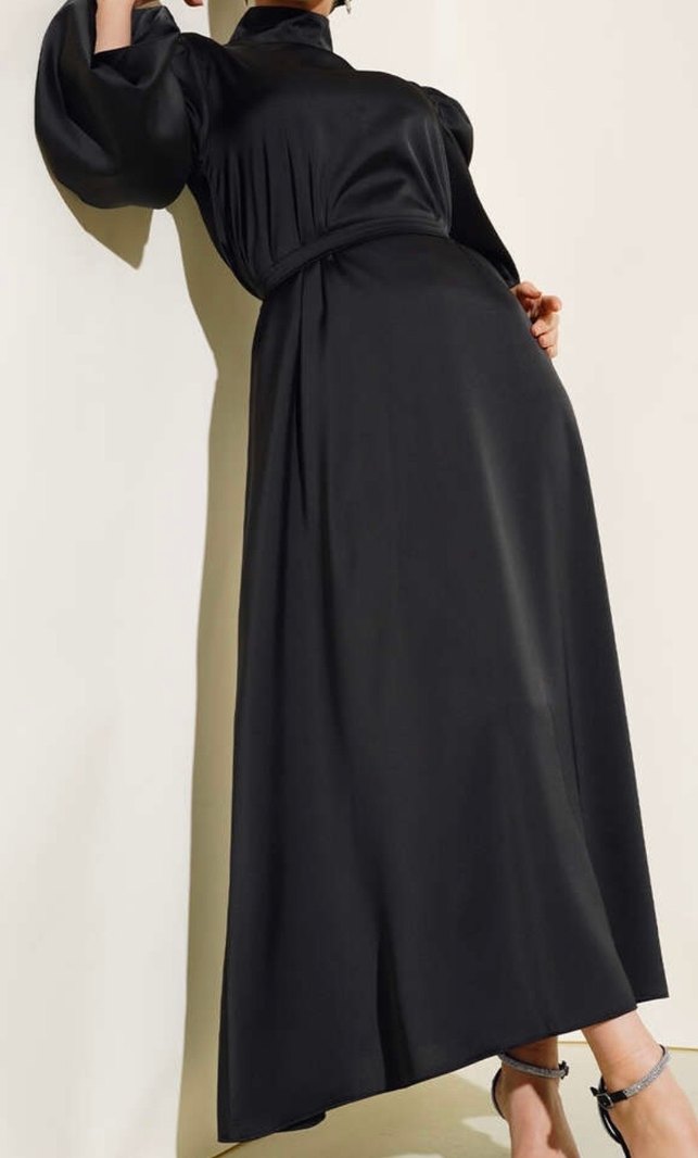 Drapeli Siyah Uzun Abiye Elbise - Görsel 2