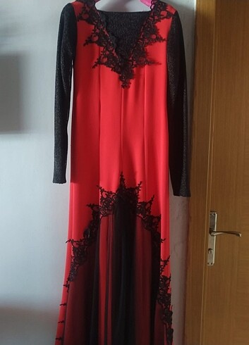 Tesettür Kırmızı Elbise Abiye 38 Beden - Görsel 5