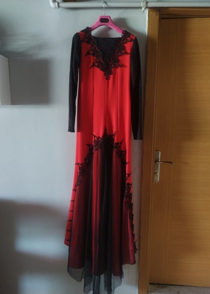 Tesettür Kırmızı Elbise Abiye 38 Beden - Görsel 2