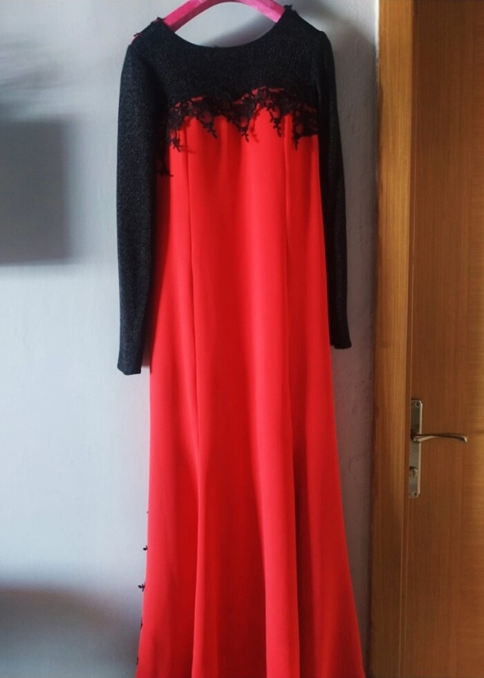 Tesettür Kırmızı Elbise Abiye 38 Beden - Görsel 4