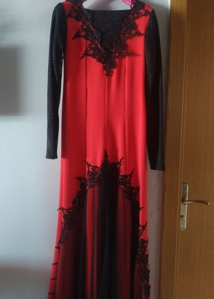 Tesettür Kırmızı Elbise Abiye 38 Beden - Görsel 5