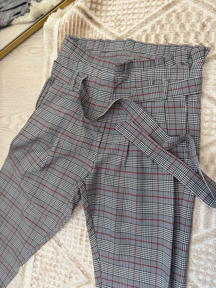 Gri Ekose Desenli Kadın Uzun Kumaş Pantolon - Görsel 2