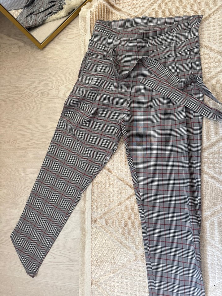 Gri Ekose Desenli Kadın Uzun Kumaş Pantolon - Görsel 3