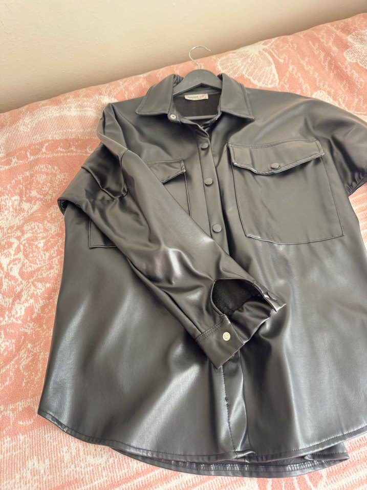 Düğmeli Gri Uzun Deri Kadın Ceket - Görsel 2