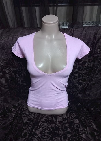 #Pembe V Yaka Kısa Kollu Kadın Tişört