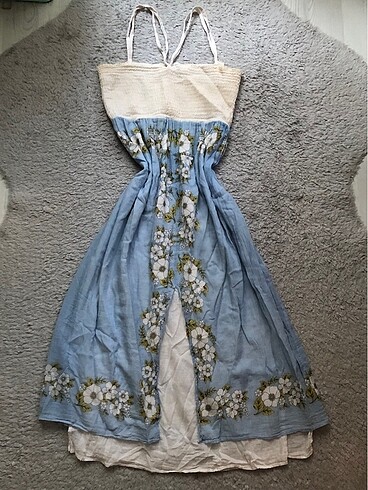American Vintage mavi çiçekli uzun askılı elbise