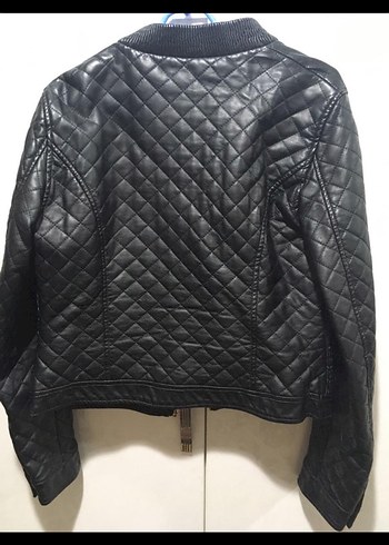 Kadın Siyah Deri Fermuarlı Biker Ceket - Görsel 2