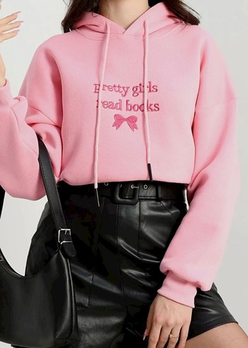 Pembe Kapüşonlu Baskılı Sweatshirt