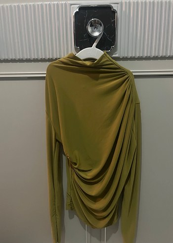 Drapeli Yüksek Yaka Kadın Bluz yağ yeşili - Görsel 3