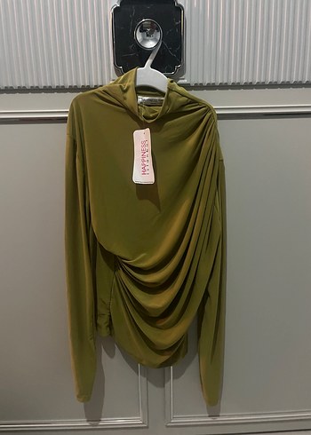 Drapeli Yüksek Yaka Kadın Bluz yağ yeşili - Görsel 2