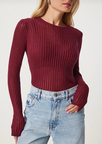 Bordo Kadın Fitilli Triko Kazak - Görsel 2