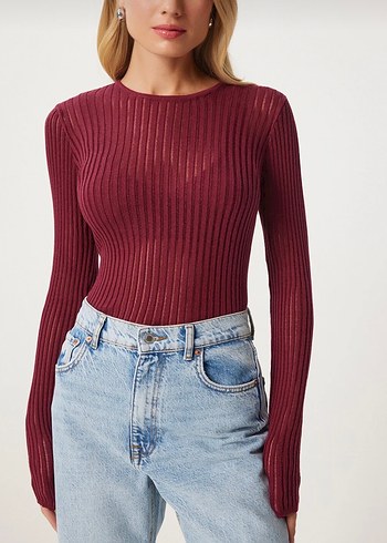 Bordo Kadın Fitilli Triko Kazak - Görsel 3