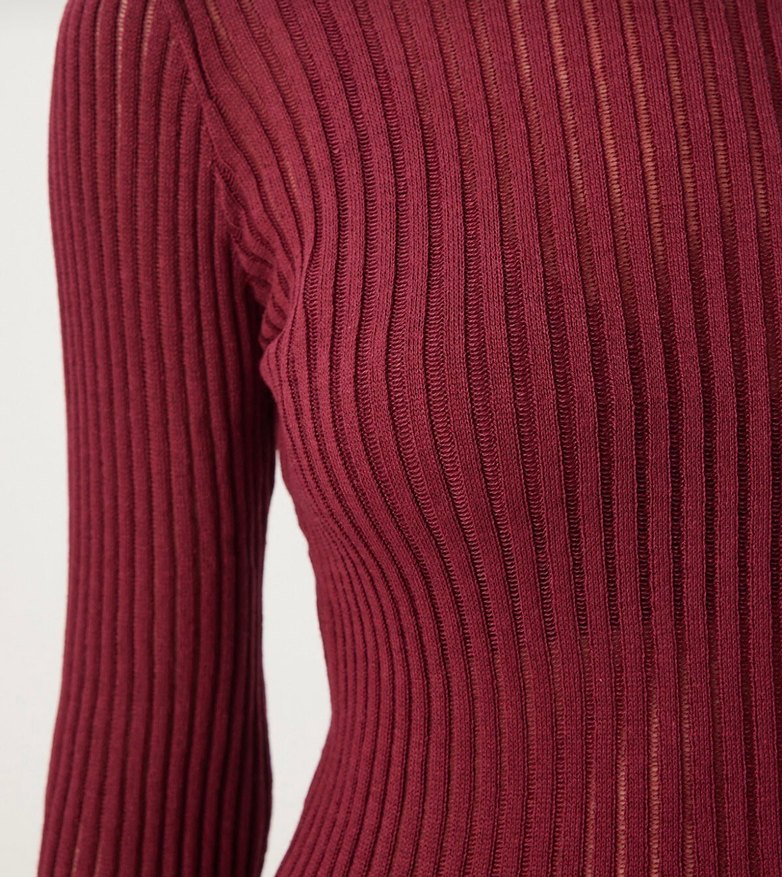 Bordo Kadın Fitilli Triko Kazak - Görsel 4