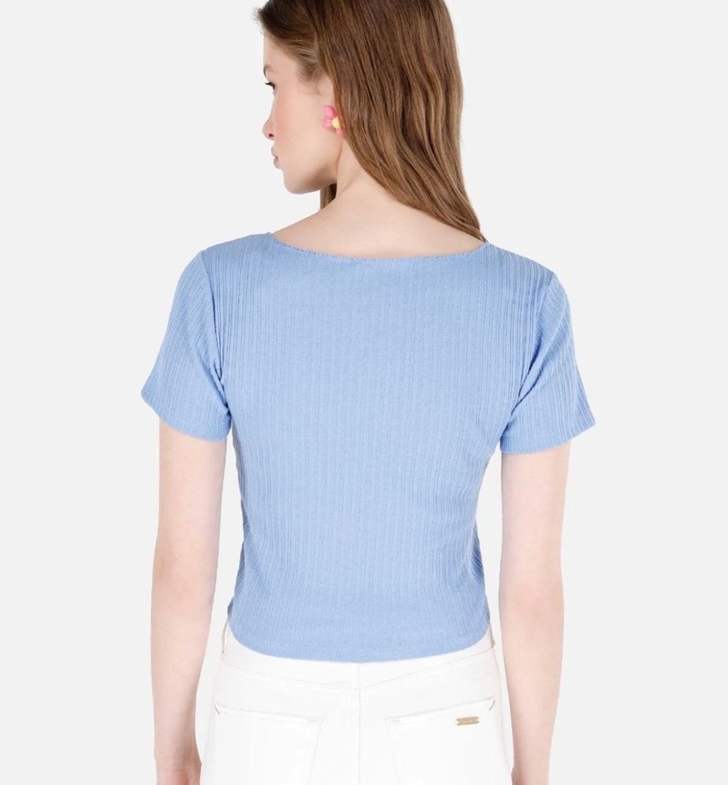 Mavi Düğmeli Kısa Kollu Bluz - Görsel 4