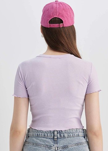 Mor Baskılı Kısa Kollu Crop Tişört - Görsel 2