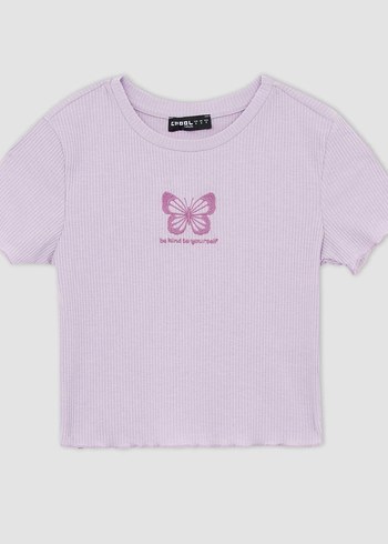 Mor Baskılı Kısa Kollu Crop Tişört - Görsel 3