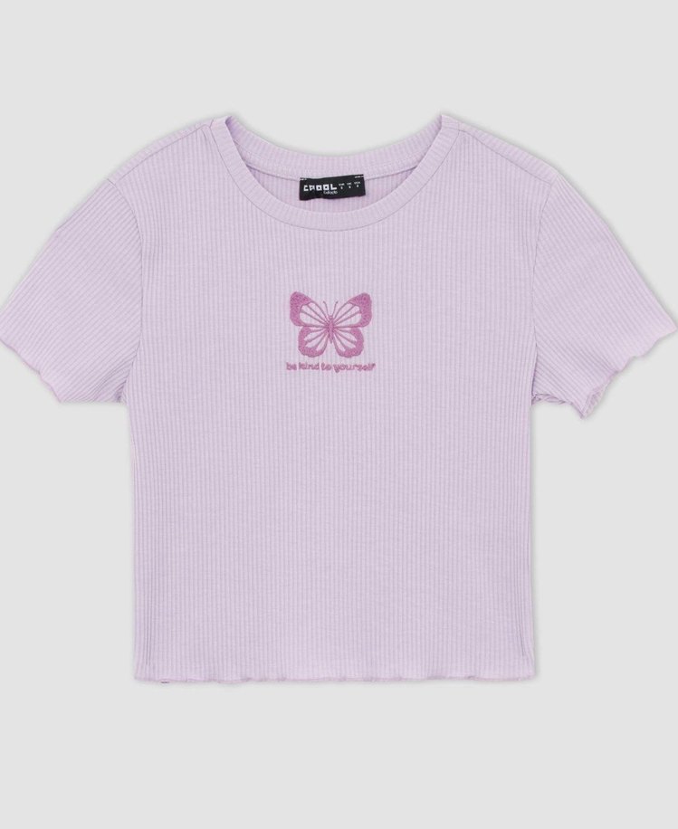 Mor Baskılı Kısa Kollu Crop Tişört - Görsel 3