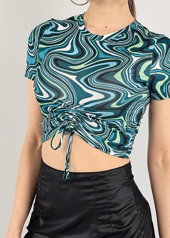 Kadın Turkuaz Bağcıklı Yuvarlak Yaka Mini Bluz - Görsel 3