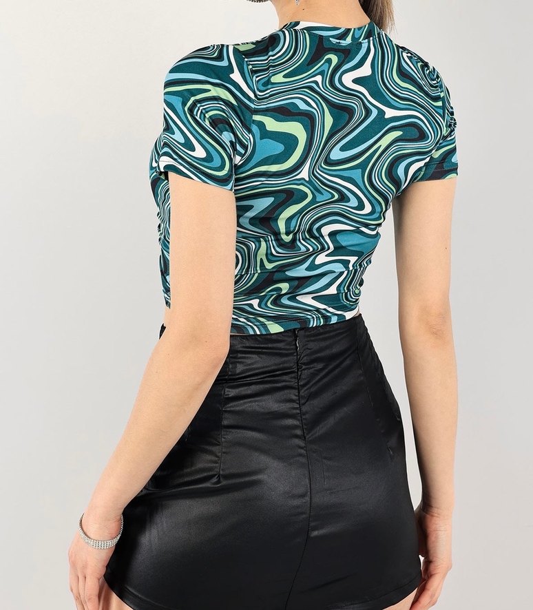 Kadın Turkuaz Bağcıklı Yuvarlak Yaka Mini Bluz - Görsel 2