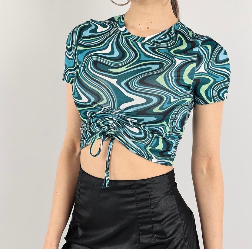 Kadın Turkuaz Bağcıklı Yuvarlak Yaka Mini Bluz - Görsel 3