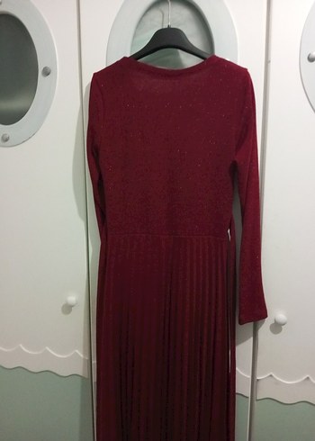 Bordo Uzun Kollu Piliseli Triko Elbise - Görsel 2