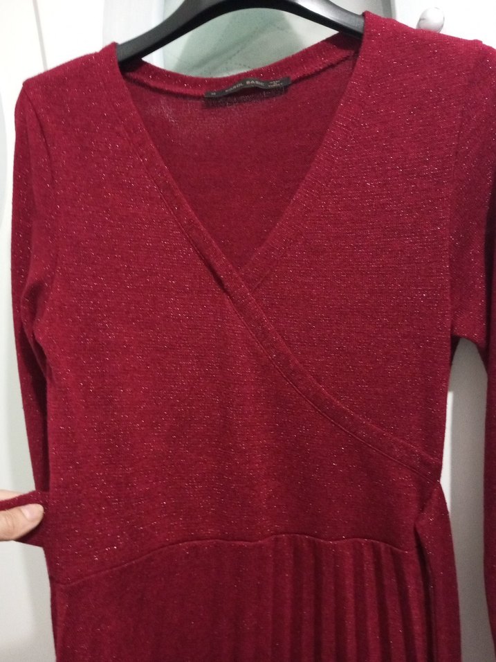 Bordo Uzun Kollu Piliseli Triko Elbise - Görsel 3