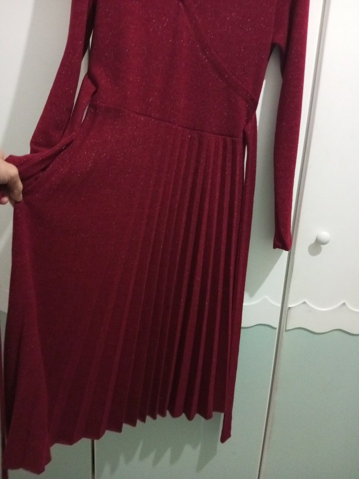 Bordo Uzun Kollu Piliseli Triko Elbise - Görsel 4