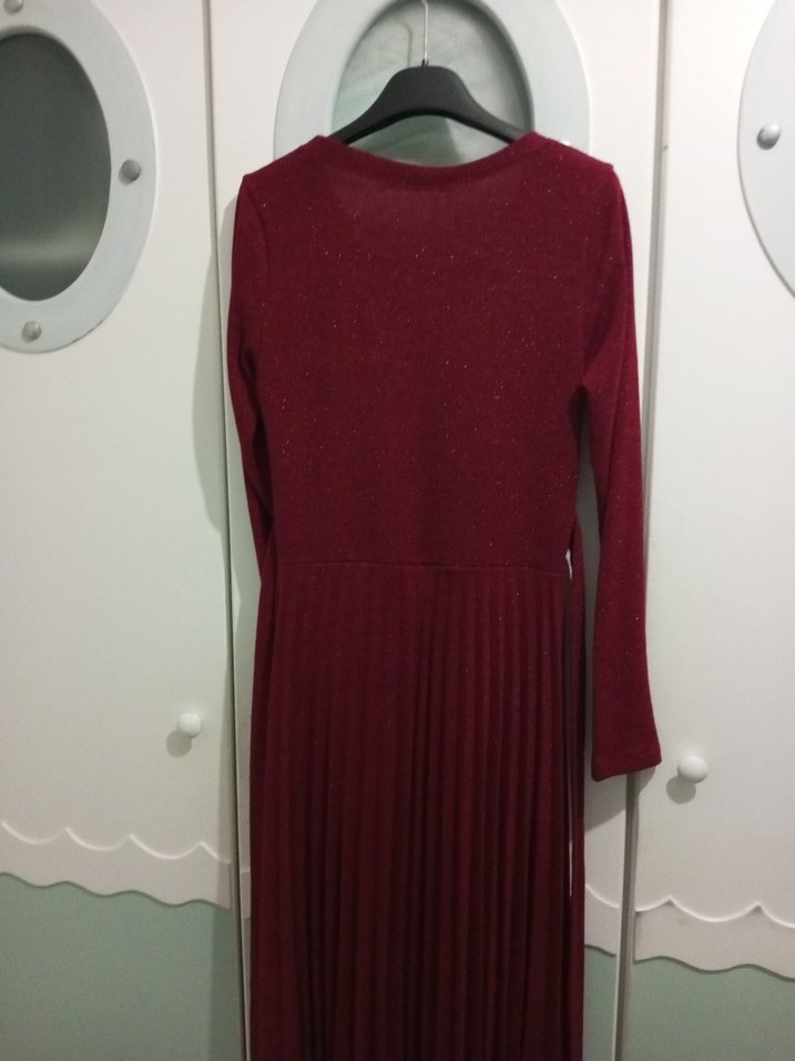 Bordo Uzun Kollu Piliseli Triko Elbise - Görsel 2