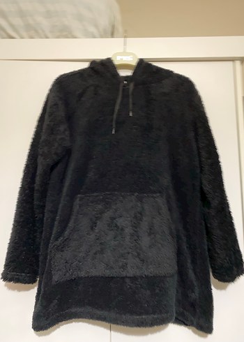 Siyah Kapüşonlu Peluş Sweatshirt