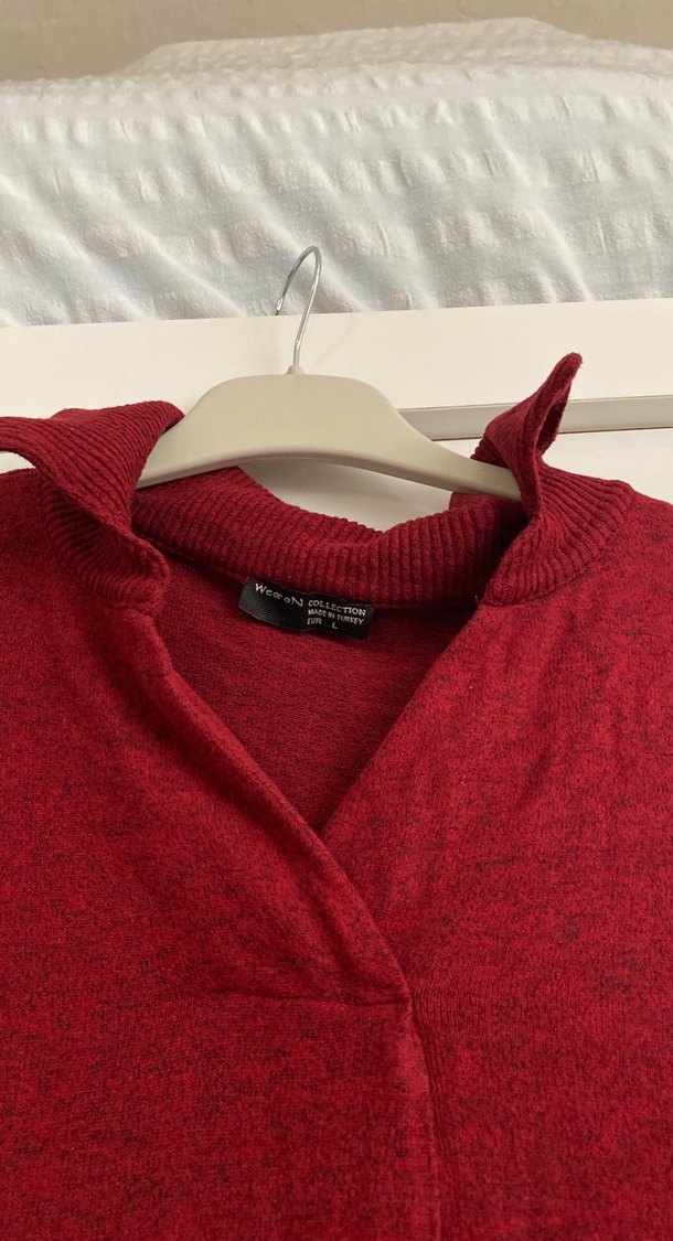 Bordo Düğmeli Yüksek Yakalı Kadın Kazak - Görsel 2