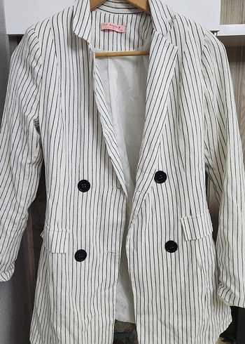 Düğmeli Çizgili Kadın Keten Blazer